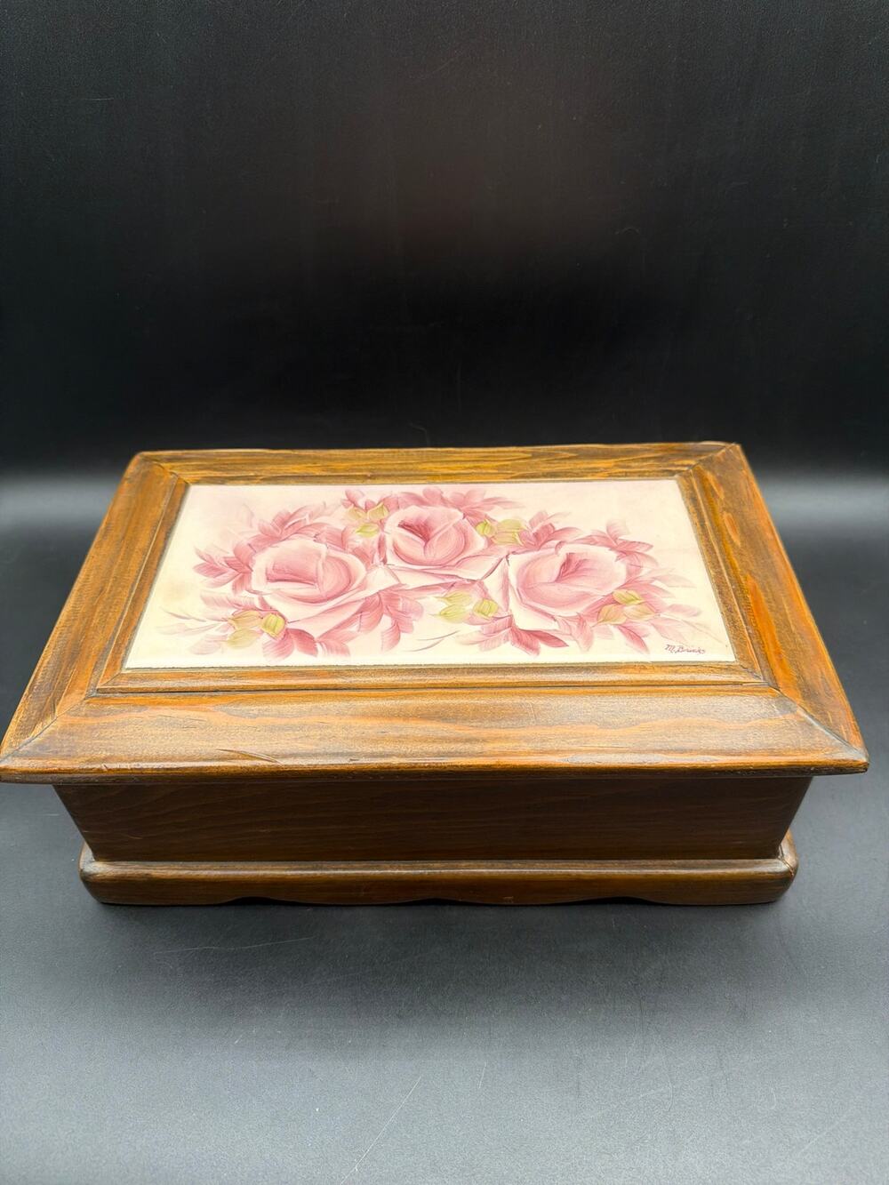 Vintage M. Brinks Handmade Rose Tile & Wood Jewelry Box Mirror Red Velvet 11.5”